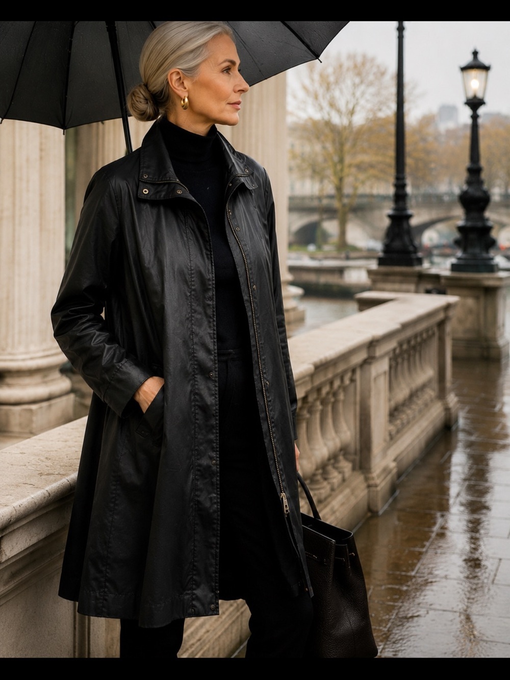 Eileen Fisher Black Coated Cotton Raincoat Jacket XL